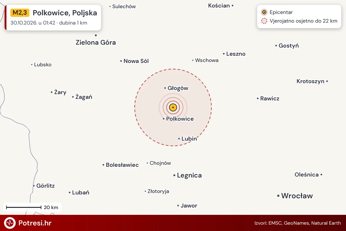Karta: šire područje i vjerojatni doseg osjeta, potres M2,3, Polkowice, Poljska, 30.10.2026.