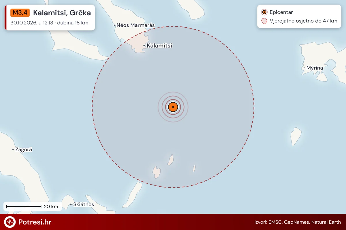Karta: šire područje i vjerojatni doseg osjeta, potres M3,4, Kalamítsi, Grčka, 30.10.2026.
