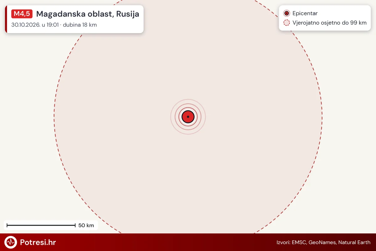 Karta: šire područje i vjerojatni doseg osjeta, potres M4,5, Magadanska oblast, Rusija, 30.10.2026.