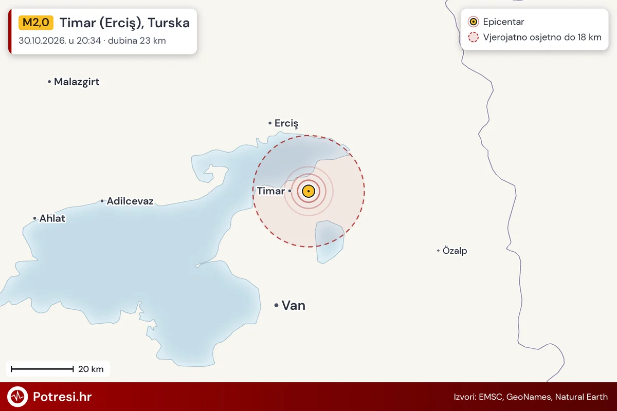 Karta: šire područje i vjerojatni doseg osjeta, potres M2,0, Timar (Erciş), Turska, 30.10.2026.