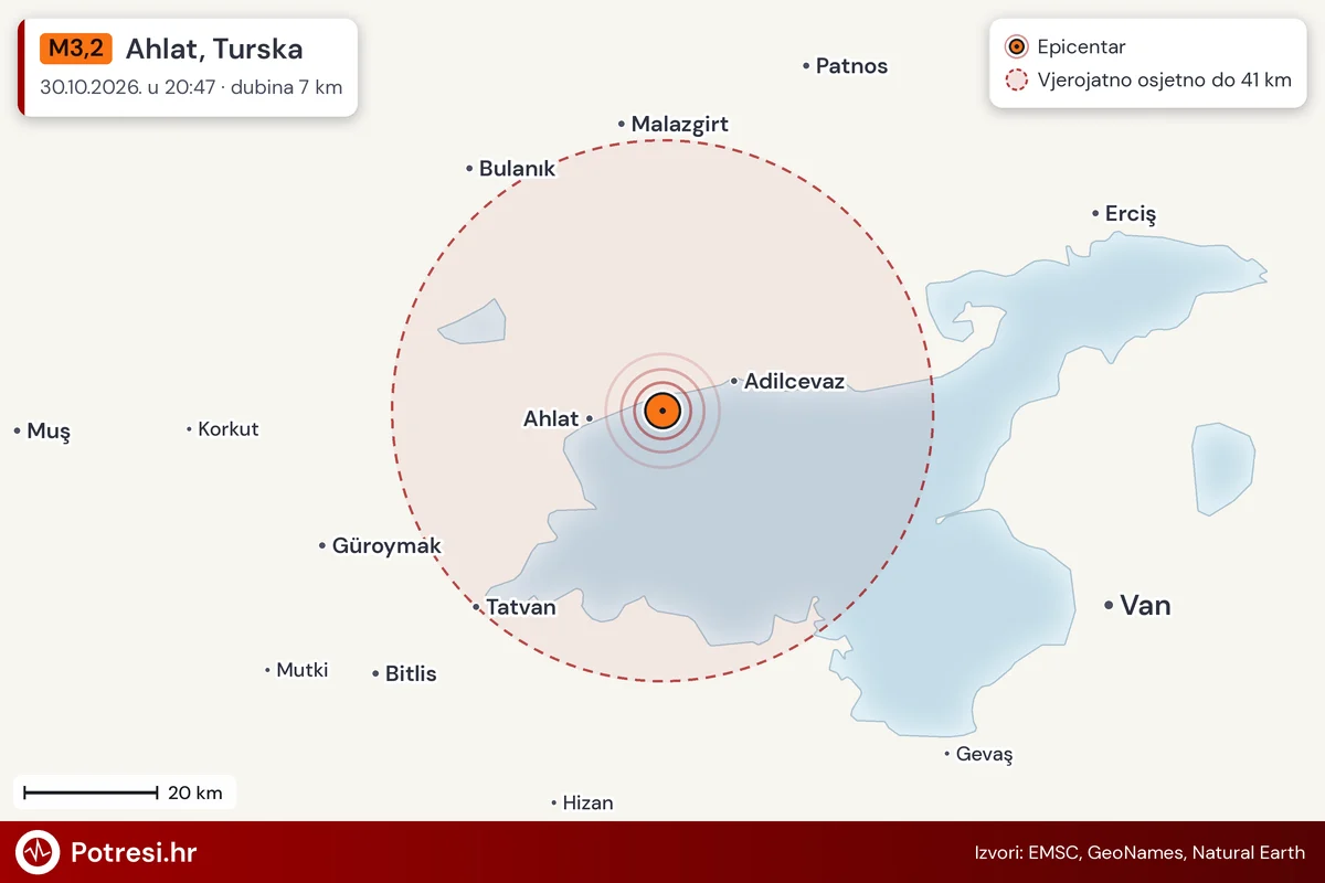 Karta: šire područje i vjerojatni doseg osjeta, potres M3,2, Ahlat, Turska, 30.10.2026.