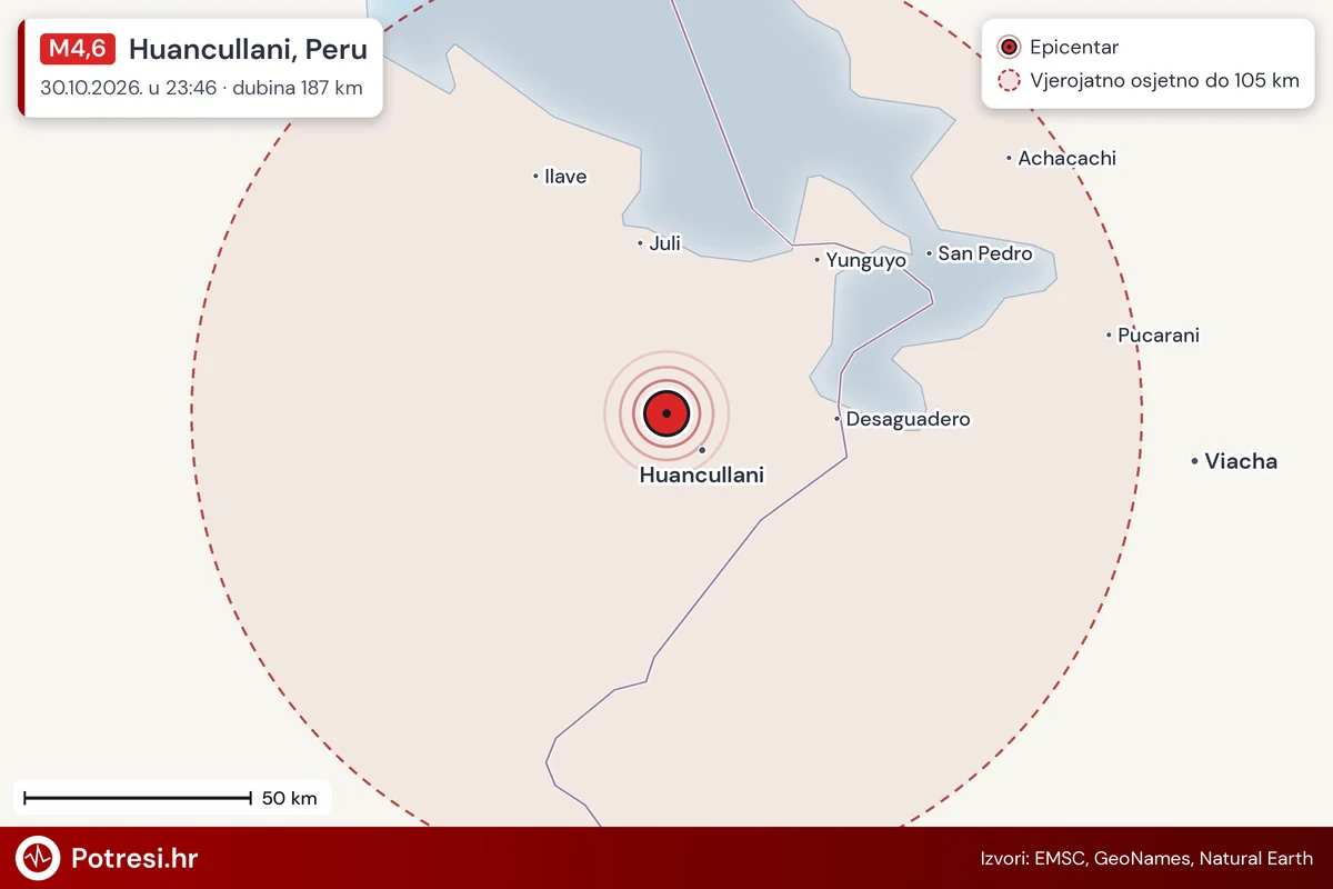 Karta: šire područje i vjerojatni doseg osjeta, potres M4,6, Huancullani, Peru, 30.10.2026.