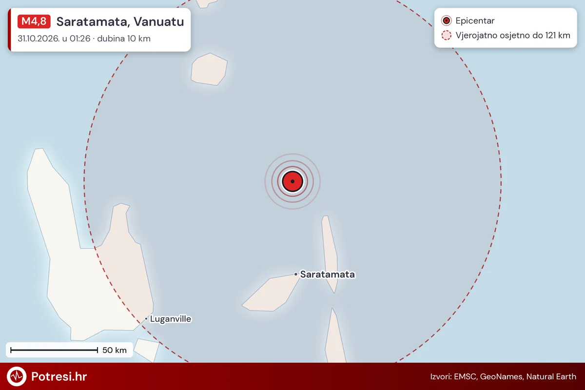 Karta: šire područje i vjerojatni doseg osjeta, potres M4,8, Saratamata, Vanuatu, 31.10.2026.