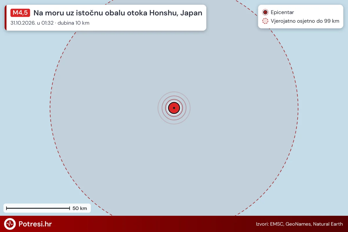 Karta: šire područje i vjerojatni doseg osjeta, potres M4,5, Na moru uz istočnu obalu otoka Honshu, Japan, 31.10.2026.