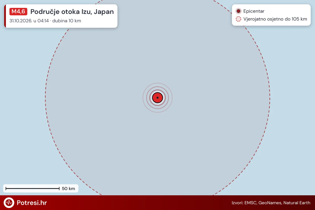 Karta: šire područje i vjerojatni doseg osjeta, potres M4,6, Područje otoka Izu, Japan, 31.10.2026.