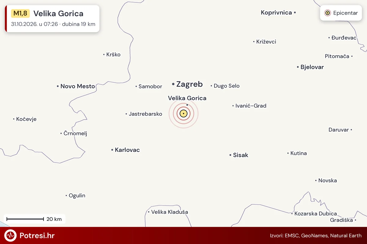 Karta: šire područje i vjerojatni doseg osjeta, potres M1,8, Velika Gorica, 31.10.2026.